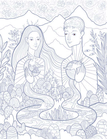 Conceptual vector illustration of a woman and a man in love and harmony with nature and themselves. The interconnection of everything with everything in the world.のイラスト素材