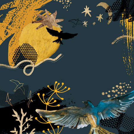Pre-made composition for design, for text with hand-drawn watercolor elements, graphic and gold elements: birds, plants, stars. Square templateの写真素材