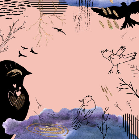 Pre-made composition for design, for text with hand-drawn watercolor elements, graphic and gold elements: birds, plants, abstract shapes. Square templateの写真素材