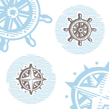 Vintage marine symbols vector icon set: engraving wheel and wind rose. Collection of retro style sea signs.のイラスト素材