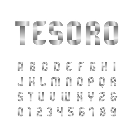 Ribbon font. Vector alphabet with silver effect letters and numbers.のイラスト素材