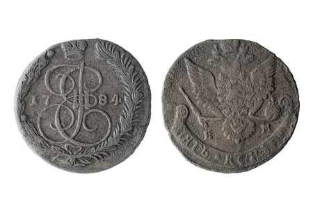 old copper coins  the reign of Catherine 2  two centsの写真素材