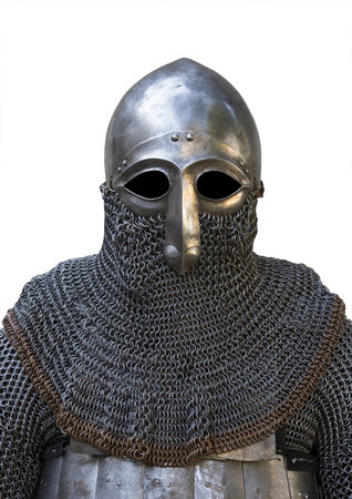 old knight helmet and chain mail for protection in battle. is made of metal. of knightly armorの写真素材