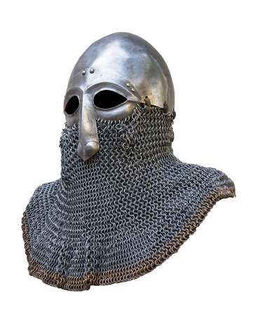 
old knight helmet and chain mail for protection in battle. is made of metal. of knightly armorの写真素材