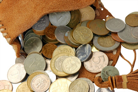 purse gift of genuine brown leather with coins on a white background.  fragmentの写真素材