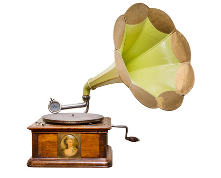 old wooden mechanical gramophone with copper pipe for playing vinyl Recordsの写真素材