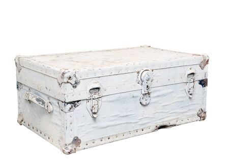 old white leather suitcase with metal locks, isolatedの写真素材