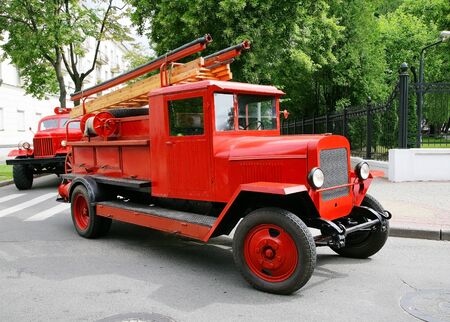 old Soviet red fire engine, ladder, vintageの写真素材