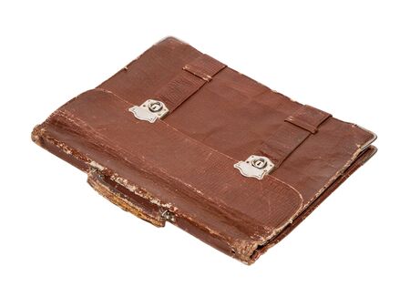 old brown briefcase on a white background. top view, isolatedの写真素材