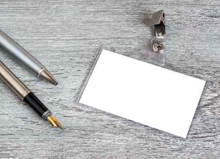 pen, badge, blank ID card or security, macro, view from aboveの写真素材