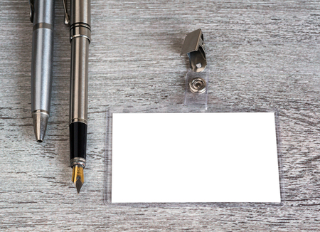 pen, badge, blank ID card or security, macro, view from aboveの写真素材