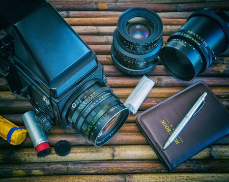 Medium format analog camera, two Lenses, Photo Equipmentの写真素材