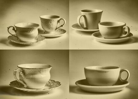 cup and saucer range of collection on a white background, retro style, vintageの写真素材