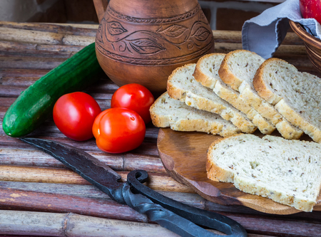 natural eco-products, vegetables vintage wooden table, rural composition, rural lifestyle,の写真素材
