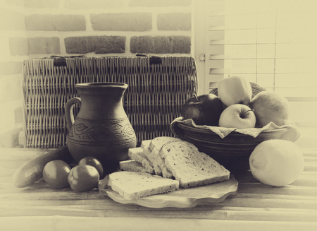 natural eco-products, fruits, vegetables vintage wooden table, rural composition, rural lifestyle, black and white photo, retro styleの写真素材