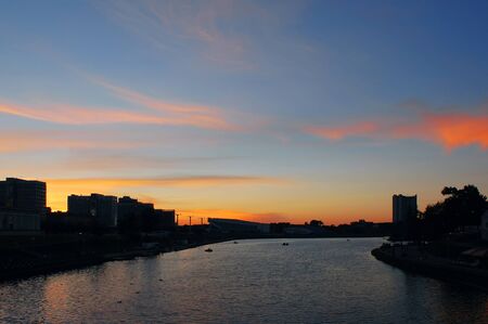 The city center of Minsk at sunset. Night view of the Avenue: The winners in Minsk, Belarus. Summer eveningの写真素材