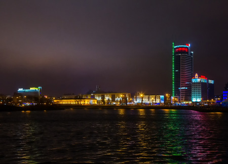 Belarus, Minsk, Pobediteley avenue at night the lighting of houses, 19.11.2016 year, the editorial