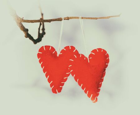Red romantic heart hanged on a snowy forest shrub, winter, Valentine's Day, holiday card, retro...