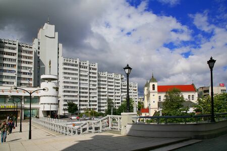 Minsk, Belarus, Shopping center on the street Nemiga, modern architecture in the background of the sky, 28/08/2012, editorialのeditorial素材