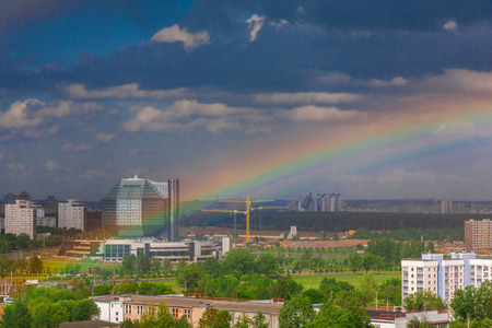 Minsk, Belarus, Independence Avenue, the National Library on the background of the rainbow, on May 25, 2011, urban architecture, top view, editorialのeditorial素材