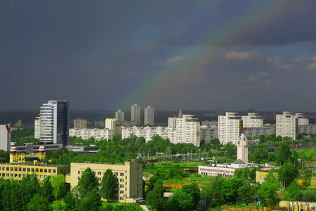 Minsk, Belarus, Independence Avenue on the background of rainbow, complex "Vostok" May 25, 2011, urban architecture, top view, editorialのeditorial素材