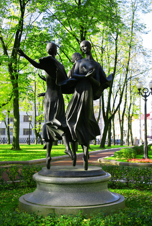 Minsk, Belarus - 1 October, 2012: sculptures of ballerinas, opera and ballet the Grand National Theatre, sculpture, architectureのeditorial素材