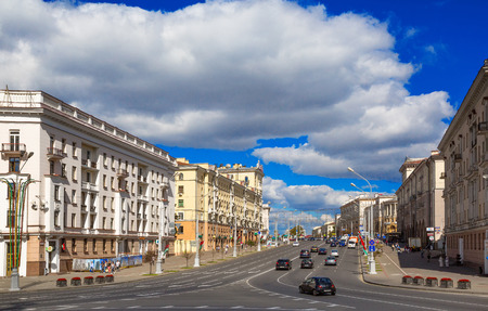 Victory Square - a symbol of the Belarusian capital on the background of the blue sky, Minsk, Belarus, August 25, 2016, urban architecture, editorialのeditorial素材