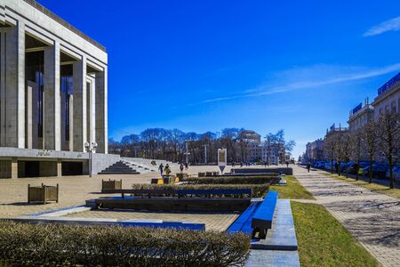 Minsk Belarus - March 23, 2017, Oktyabrskaya square view of the Palace of the Republic against the blue sky, architectural monument, editorialのeditorial素材