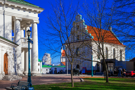 Minsk, Belarus, the building of the Children's Philharmonic and the Town Hall on Freedom Square. 12/04/2017, editorialのeditorial素材