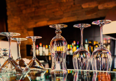 Set of glass goblets, barman tools, equipment set, bar, retro, selective focusの写真素材
