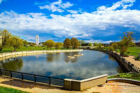 Belarus, Minsk, 11 May 2017; Panoramic view of the city on Independence Avenue against the blue sky, river, embankment, editorialのeditorial素材
