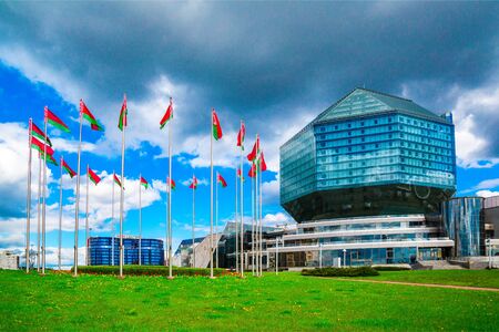 Belarus, Minsk - May 11, 2017: National Library of Belarus panoramic view of the building - the main universal scientific library, a symbol of Belarusian culture and science, editorialのeditorial素材