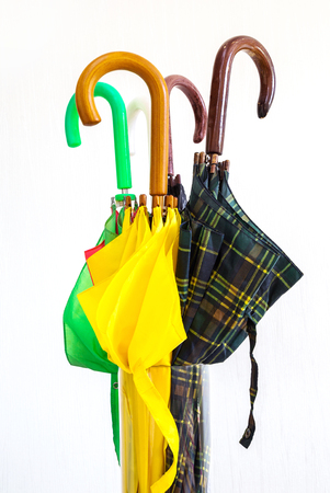 Umbrellas of different colors with handles close-up on a white backgroundの写真素材