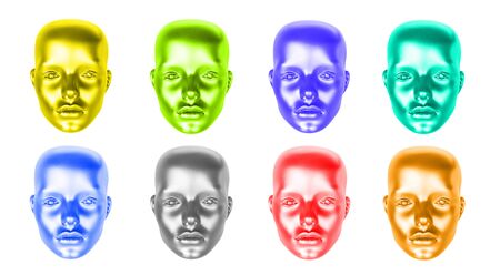 Set of multicolored female head mannequins isolated on white backgroundの写真素材