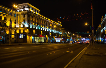 night city Minsk, Independence Avenue, night houses for lighting, Belarus, January 13, 2018, editorialのeditorial素材