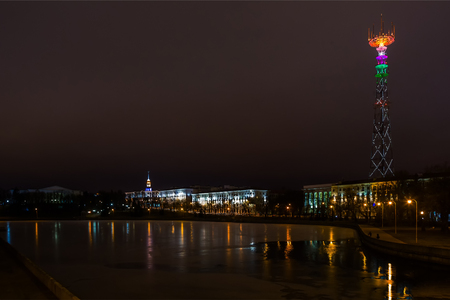 night view of the Svisloch River embankment and Kommunisticheskaya Street in Minsk, Belarus. 01.13.2018, editorialのeditorial素材