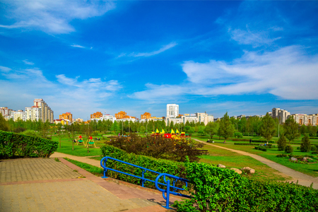 Minsk, Belarus, modern architecture and city park along Gorodetska Street, administrative complexの写真素材