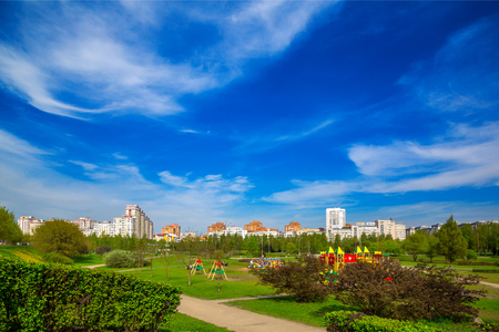 Minsk, Belarus, modern architecture and city park along Gorodetska Street, administrative complexの写真素材
