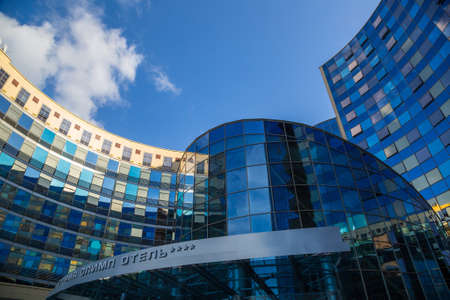 Minsk, Belarus, 14-10-2019, Hotel Victoria Olympus modern architecture on Pobediteley Avenue. Business center. Hotel fragment, editorialのeditorial素材