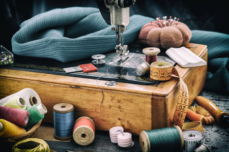 Old sewing machine and accessories for sewing, scissors, needles and tailor tape on the table. Retro sewing items. The concept of sewing accessories. Retro styleの写真素材