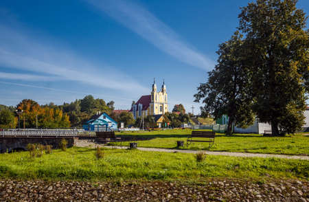 Catholic Church of the Transfiguration of the Lord in Krevo. Grodno region, Belarus. Ruins of a medieval castle. editorialのeditorial素材