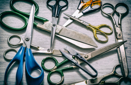 Sewing tools old scissors on a white background The concept of sewing accessories. retro styleの写真素材