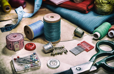 Sewing threads for sewing and various accessories for needlework. A set of sewing accessories for sewing, spools of thread, fabrics, scissors and a thimble close-up. retro styleの写真素材