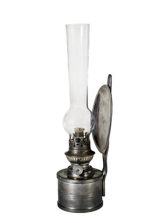Old kerosene lamp with reflector isolated on white background. Antique metal lanternの写真素材