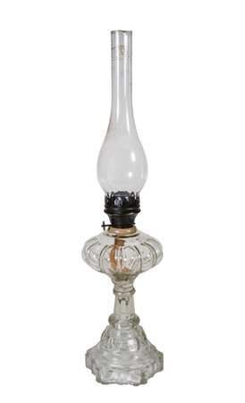 Old glass kerosene lamp isolated on white background. Antique vintage lantern Made in the USSR 1970の写真素材