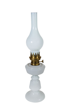 Old glass kerosene lamp isolated on white background. Antique vintage lantern. Made in Holland, late 19th century, 70sの写真素材