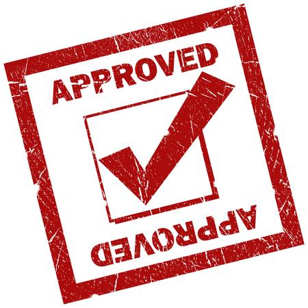 Approved red square sign isolated over whiteの写真素材