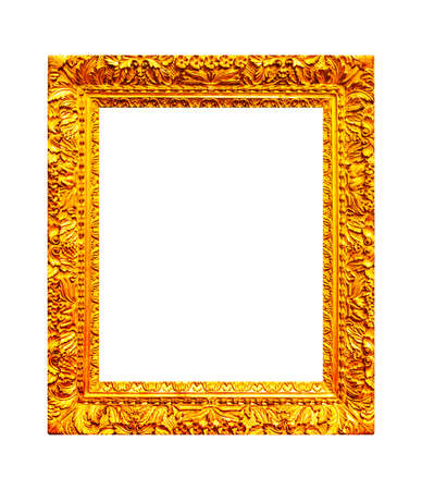 Ornate gold wooden frame isolated on white backgroundの写真素材