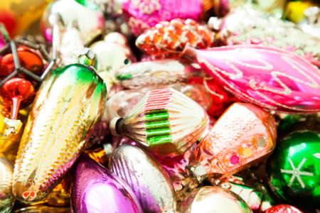 Vintage glass christmas decorations, colorful backgroundの写真素材