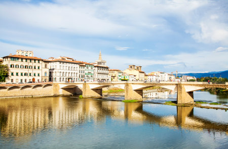 Florence, Italy - September 14, 2016: Arno river bridge in Florence, Toscanaのeditorial素材